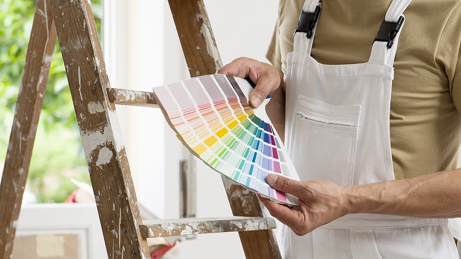 Closeup image of the hands of a professional painter fanning a paint selection selector, a wooden ladder and a green window as a background.